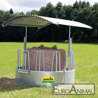 Rundraufe, 3-teilig, d= 2,10 m, 12 Fressplätze, vz, mit Dach